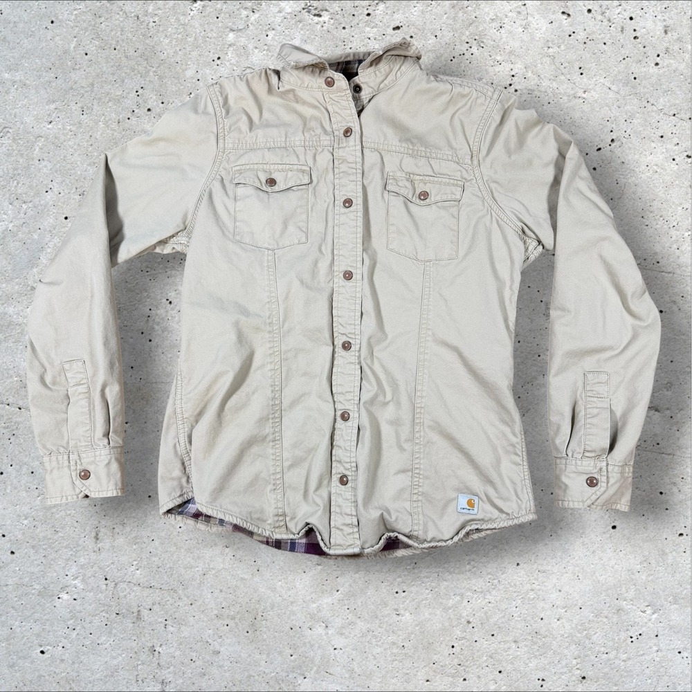 Carhartt Women Small Flannel Lined Canvas Shirt Jacket Snap Button Tan Shacket